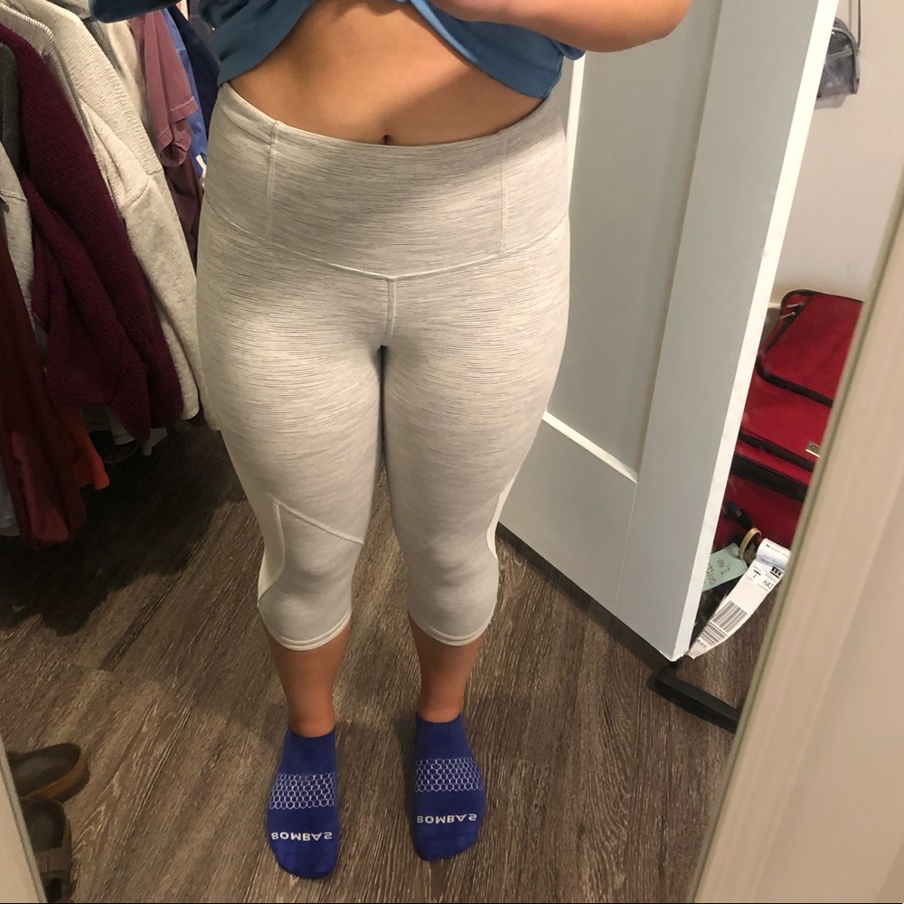 Gray & white striped Lululemon crop leggings